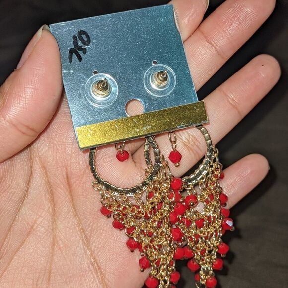 Red unique beaded earrings clear stones - Picture 5 of 5